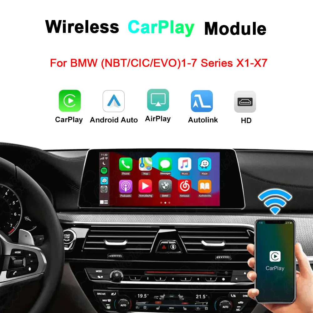 Wireless Apple CarPlay and Android Auto MMI retrofit module for BMW NBT, CIC, EVO, and CCC systems, featuring screen mirroring and smartphone connectivity.