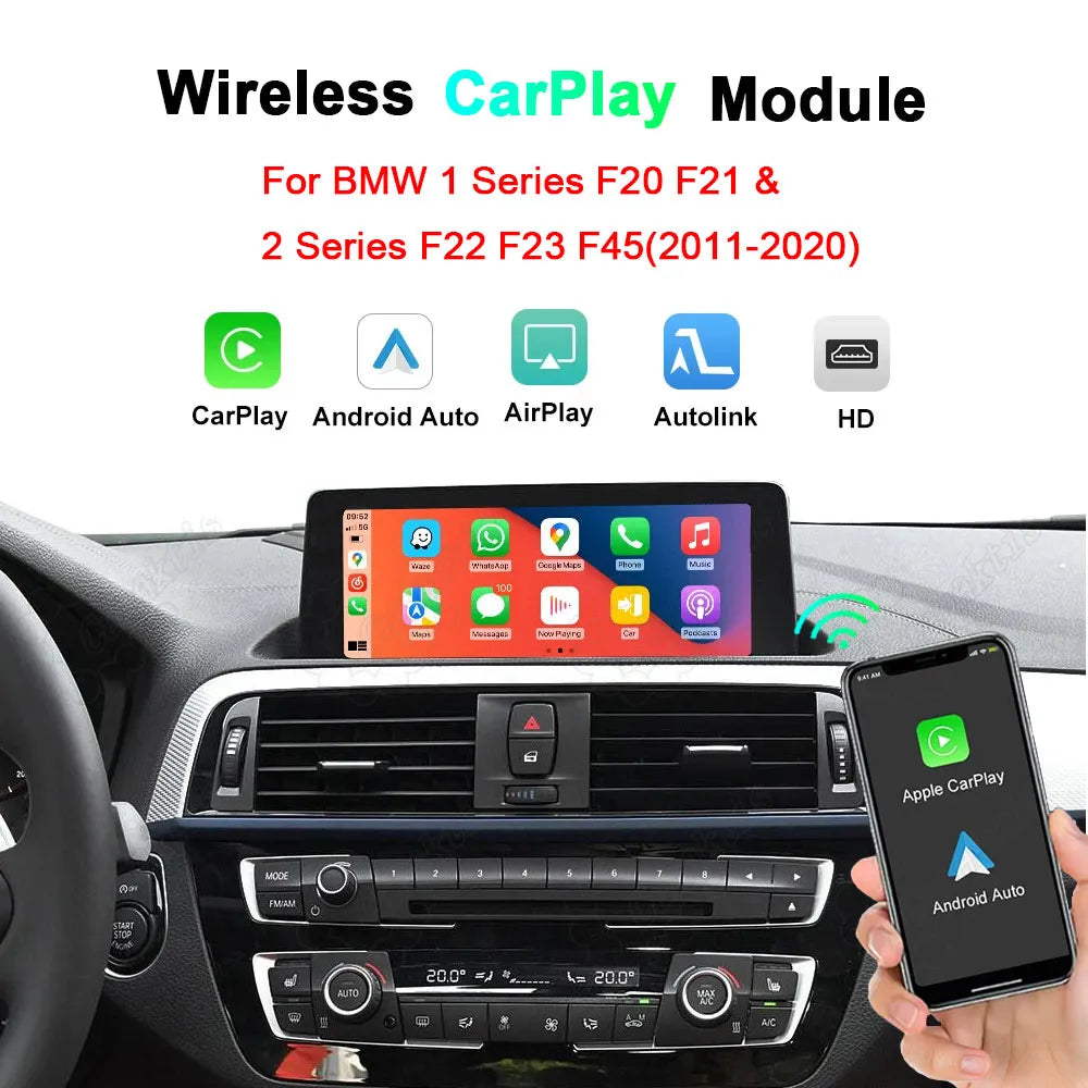 The image shows the rendering of the wireless CarPlay and Android Auto in-vehicle module upgrade for BMW 1 Series and 2 Series (2011-2020 models), showcasing the smartphone connectivity interface on the center console screen and the supported function icons (AirPlay, Autolink, HD).