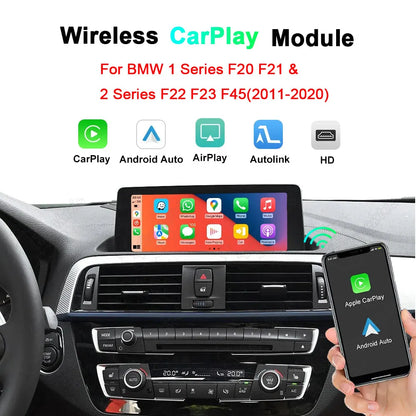 The image shows the rendering of the wireless CarPlay and Android Auto in-vehicle module upgrade for BMW 1 Series and 2 Series (2011-2020 models), showcasing the smartphone connectivity interface on the center console screen and the supported function icons (AirPlay, Autolink, HD).