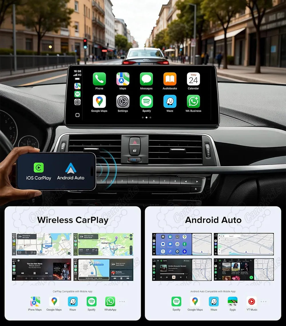 Wireless Apple CarPlay and Android Auto integration showing Google Maps, Spotify, and messaging apps on BMW dashboard