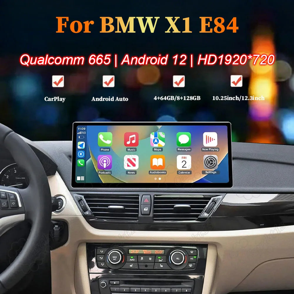 BMW X1 E84 Android 12 multimedia screen with Qualcomm 665 processor, CarPlay, and 1920x720 HD display.