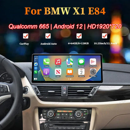 BMW X1 E84 Android 12 multimedia screen with Qualcomm 665 processor, CarPlay, and 1920x720 HD display.