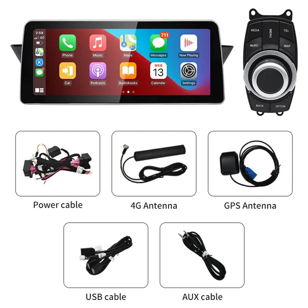 BMW X1 E84 Android touchscreen unit accessories including power cable, GPS antenna, 4G antenna, USB cable, and iDrive knob.
