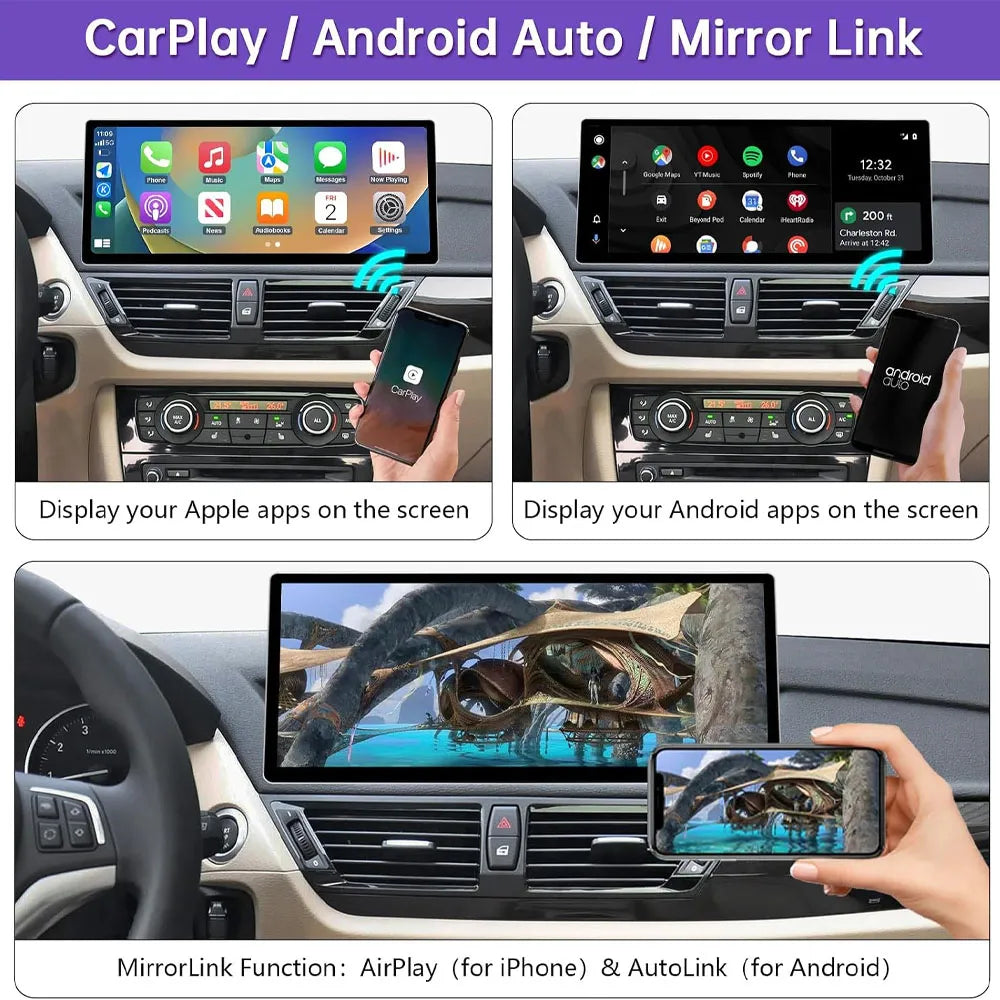 Wireless Apple CarPlay and Android Auto screen integration showing navigation and video mirrorlink for BMW X1 E84.
