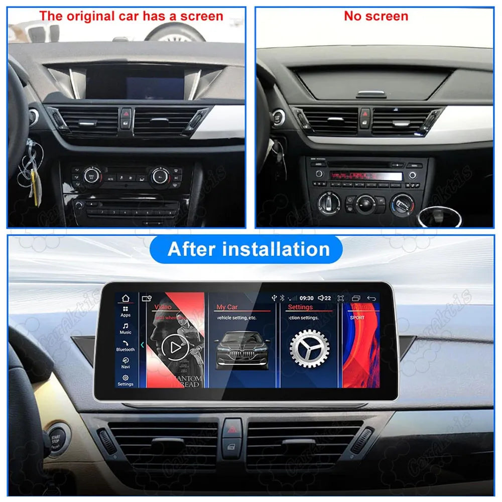 Dashboard comparison before and after installing 10.25-inch Android touchscreen display on BMW X1 E84.