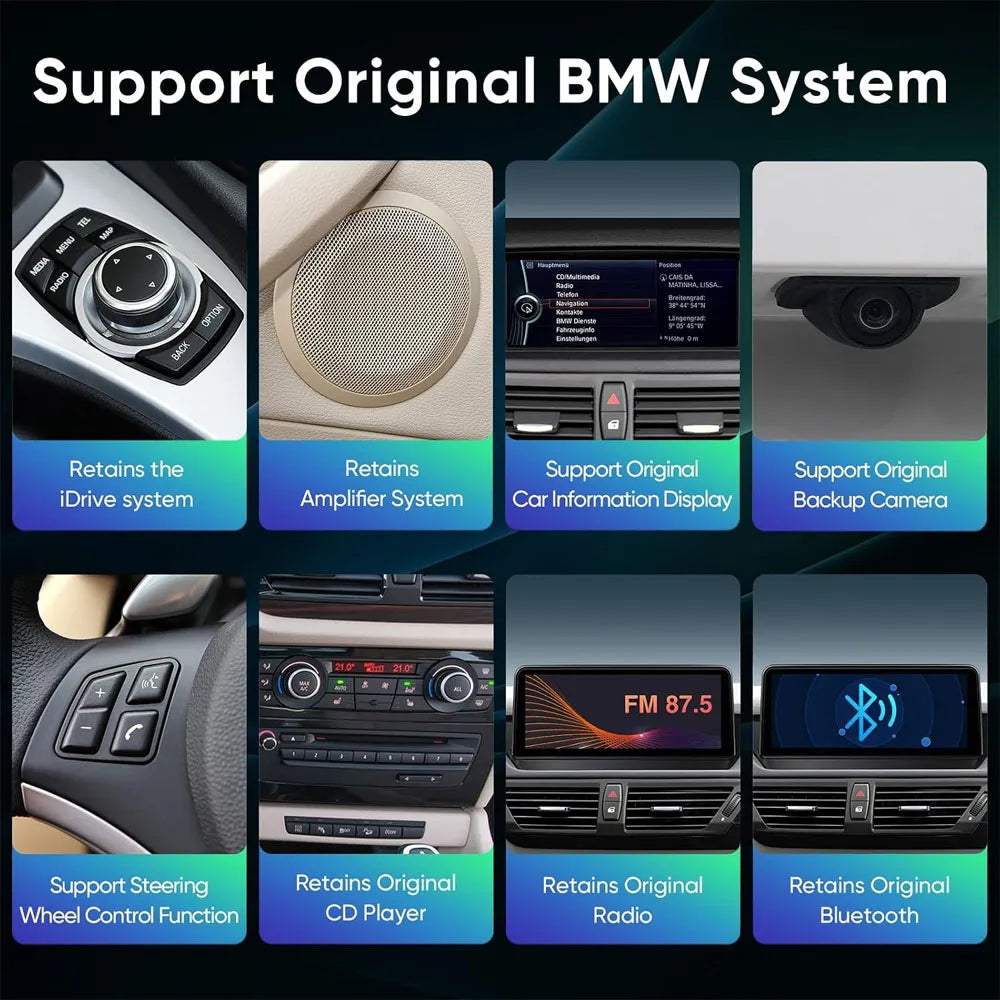 Retained original BMW X1 E84 factory features including iDrive knob, steering wheel controls, radio, and backup camera.