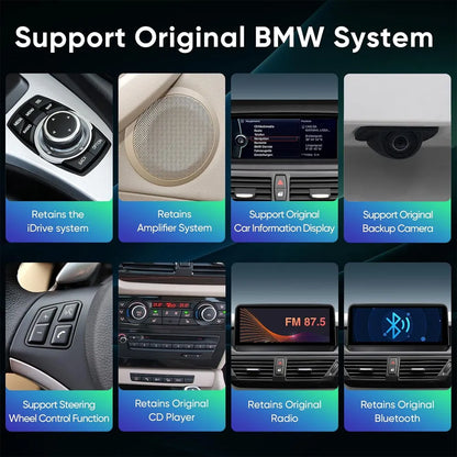 Retained original BMW X1 E84 factory features including iDrive knob, steering wheel controls, radio, and backup camera.