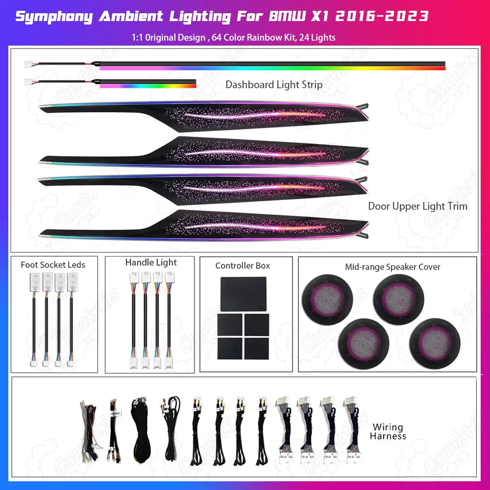 Complete replacement trim interior ambient lighting kit for BMW X1/X2 (F48/F49) 2016-2023, including 64-color LED dashboard and door panel trims.