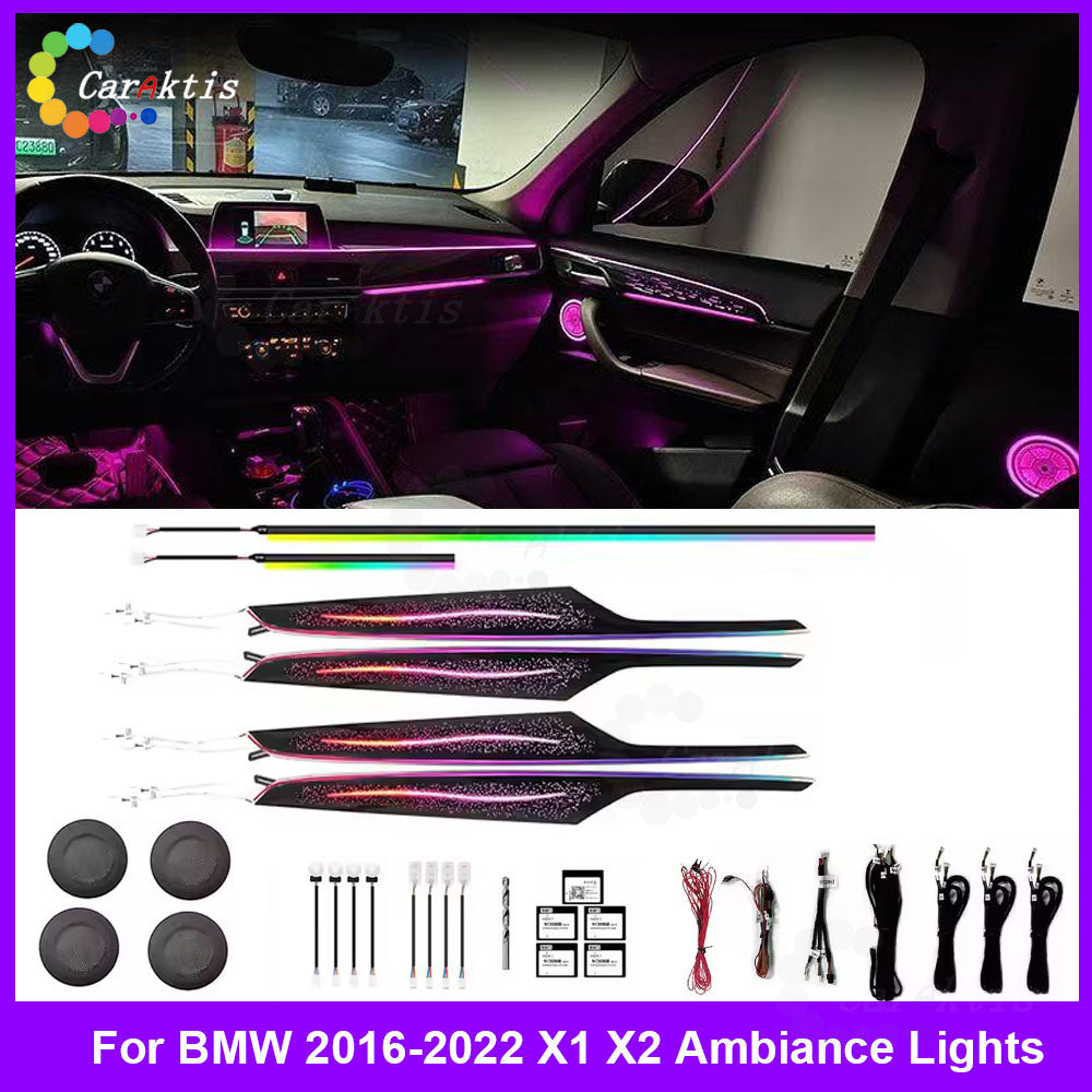 Complete 64-color Symphony dynamic interior ambient lighting replacement trim kit for BMW X1/X2 (F48/F49) 2016-2022, high-gloss finish with 1:1 OEM fitment.