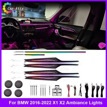 Complete 64-color Symphony dynamic interior ambient lighting replacement trim kit for BMW X1/X2 (F48/F49) 2016-2022, high-gloss finish with 1:1 OEM fitment.