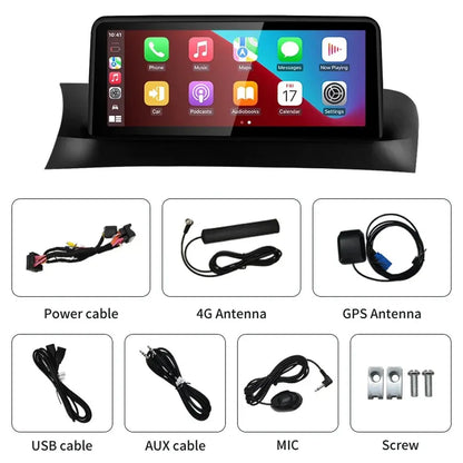 Included installation kit for BMW X3 X4 screen including power cable, 4G antenna, GPS antenna, USB, AUX cable, MIC, and screws.