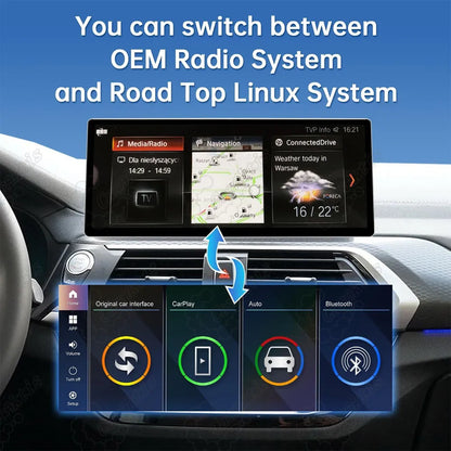 Dual system interface showing seamless switching between OEM BMW iDrive radio system and new Linux Android system.