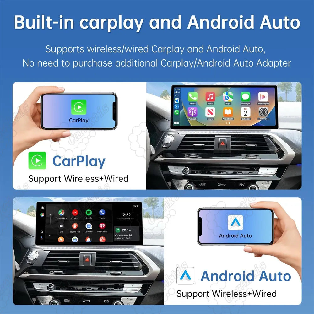Wireless and wired Apple CarPlay and Android Auto setup on multimedia screen for BMW X3 X4.
