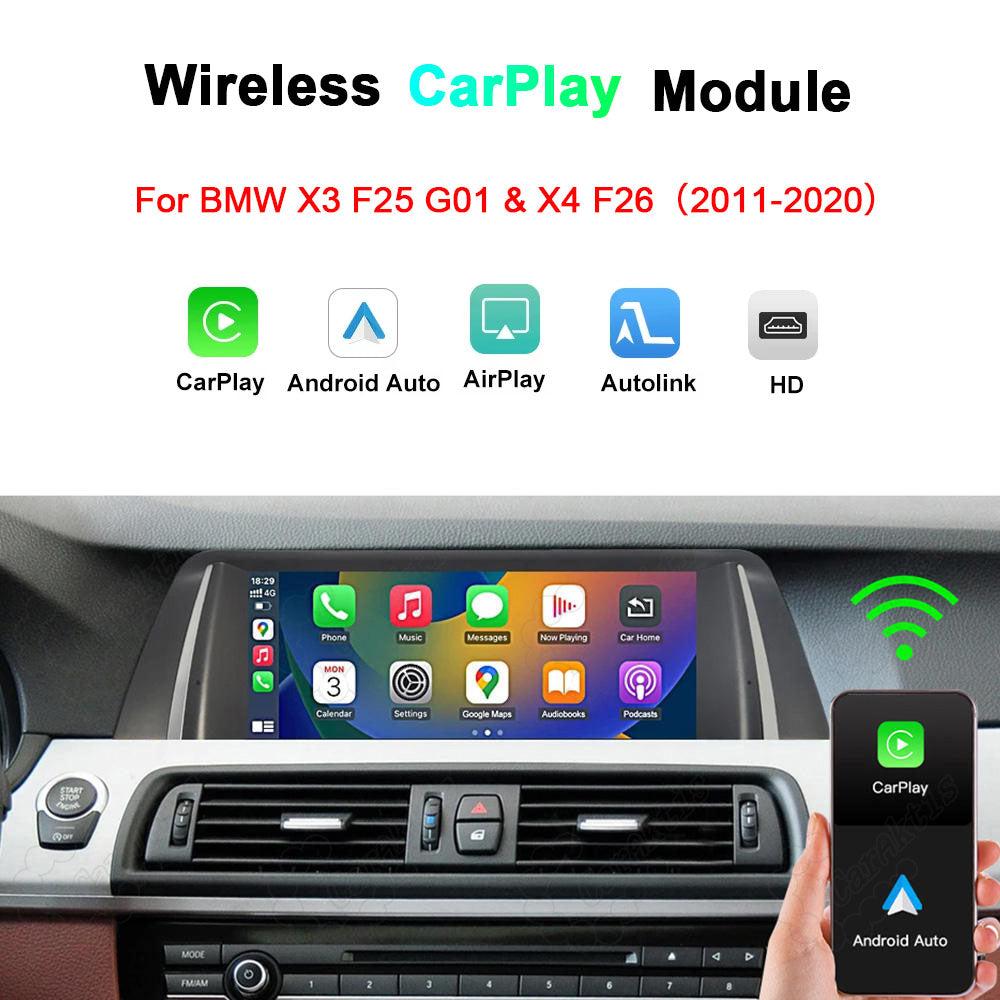 Wireless CarPlay and Android Auto module for BMW X3 (F25/G01) and X4 (F26) 2011-2020, showing dashboard screen interface and wireless connection icons.