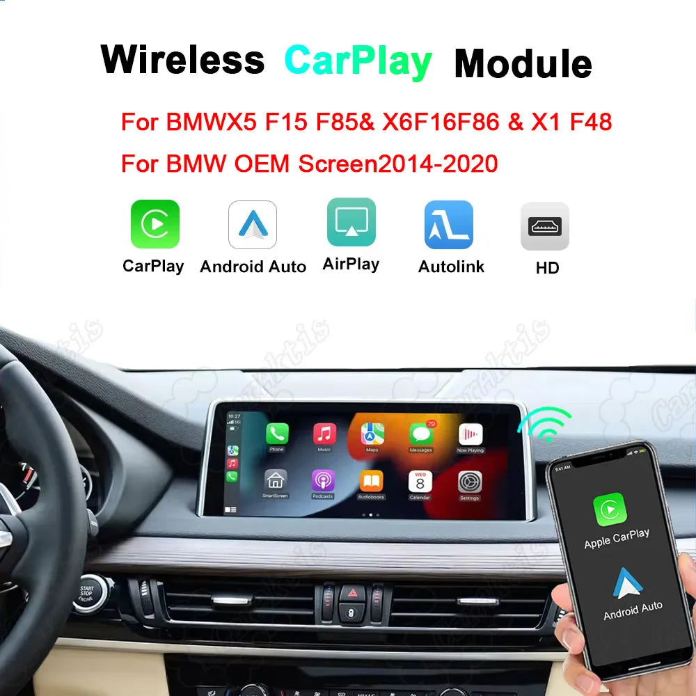Wireless CarPlay and Android Auto retrofit module for BMW X5 F15 F85, X6 F16 F86, and X1 F48 with OEM screen support.