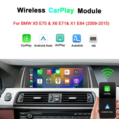 Wireless CarPlay and Android Auto module for BMW X5 E70, X6 E71, and X1 E84 (2009-2015), showing dashboard screen interface and features like AirPlay and Autolink.