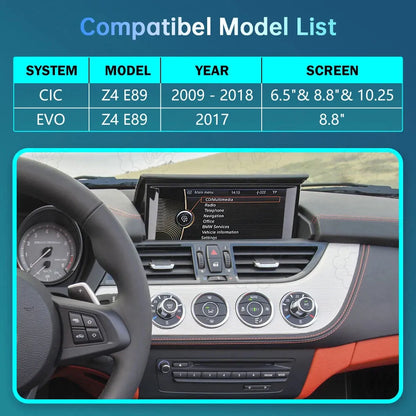 Compatibility model list for BMW Z4 E89 (2009-2018) showing compatible CIC and EVO systems with 6.5-inch, 8.8-inch, or 10.25-inch factory central screens.