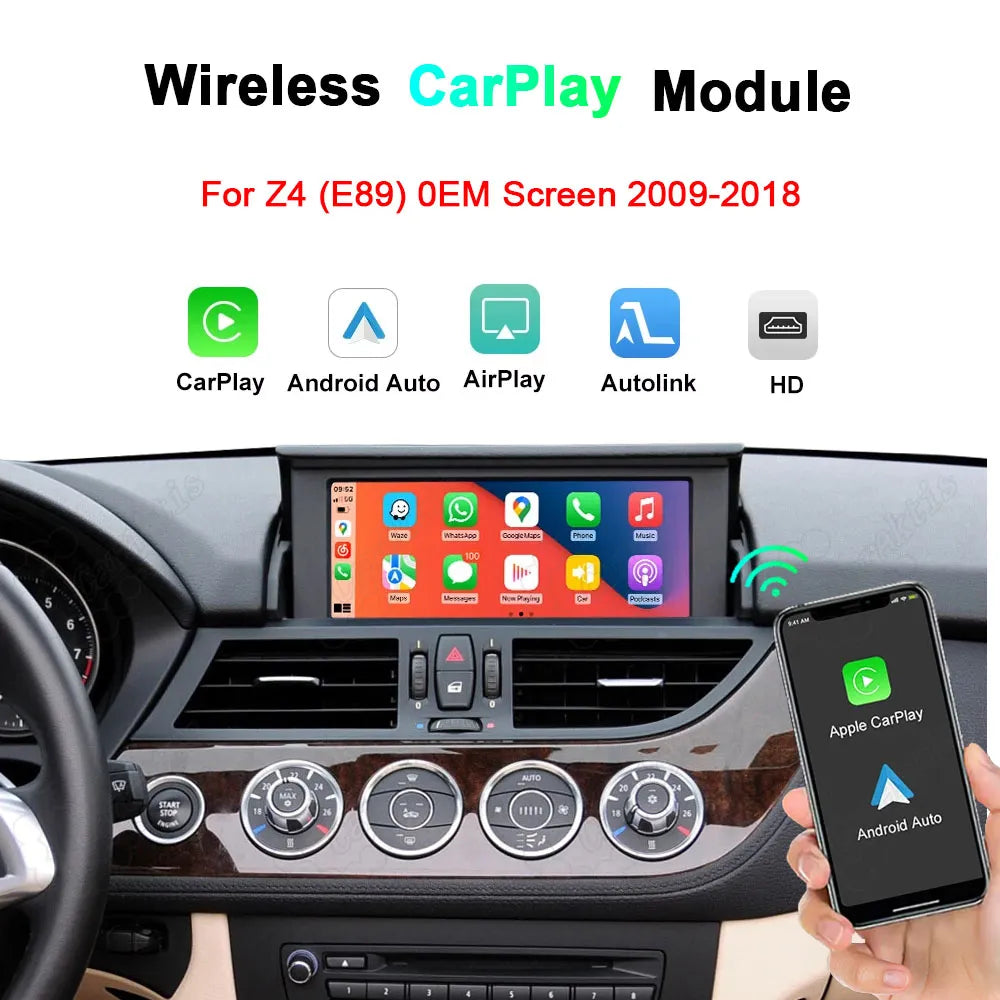 Wireless Apple CarPlay and Android Auto retrofit module dashboard display interface for BMW Z4 E89 (2009-2018), showing smartphone wireless connectivity setup.