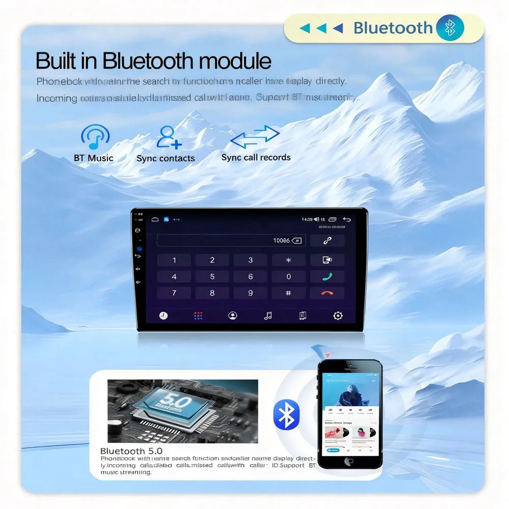 Built-in Bluetooth 5.0 module supporting hands-free calling, phonebook contacts sync, and wireless music streaming