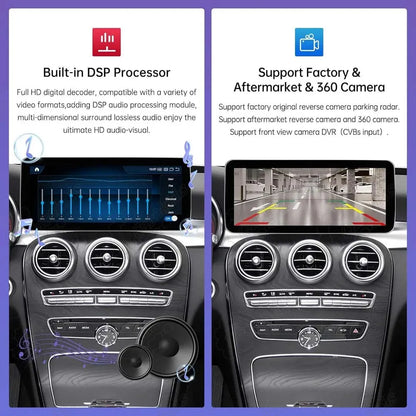 Built-in DSP audio processor display and aftermarket 360 reverse camera parking guidance on Mercedes screen