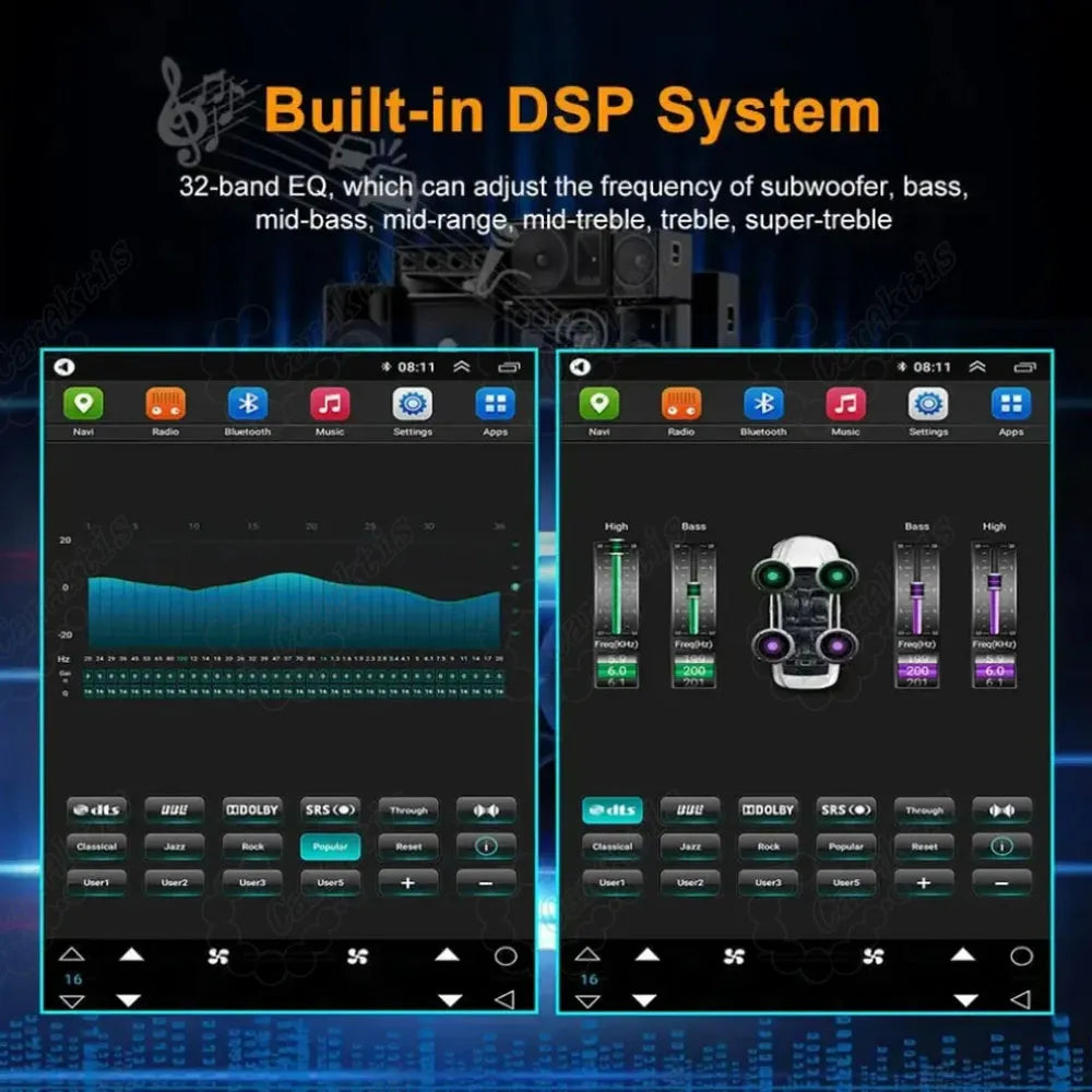 Built-in DSP system interface featuring 32-band EQ sound equalizer settings for car audio system.