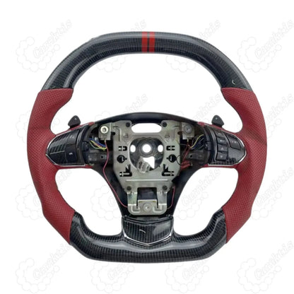 2006-2013 C6 Corvette custom steering wheel in glossy carbon fiber and red leather with control buttons.
