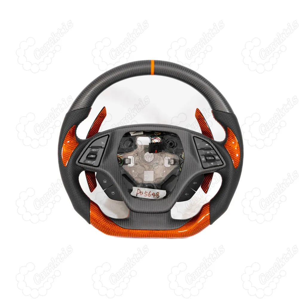 C7 Corvette custom steering wheel with matte and orange carbon fiber, including multi-function buttons and oversized paddle shifters.