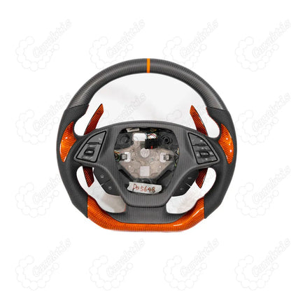 C7 Corvette custom steering wheel with matte and orange carbon fiber, including multi-function buttons and oversized paddle shifters.