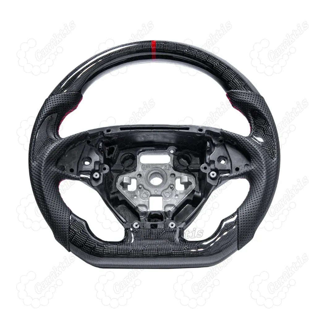 Custom C7 Corvette steering wheel in glossy carbon fiber and leather with LED shift light module.