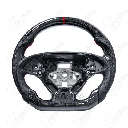 Custom C7 Corvette steering wheel in glossy carbon fiber and leather with LED shift light module.