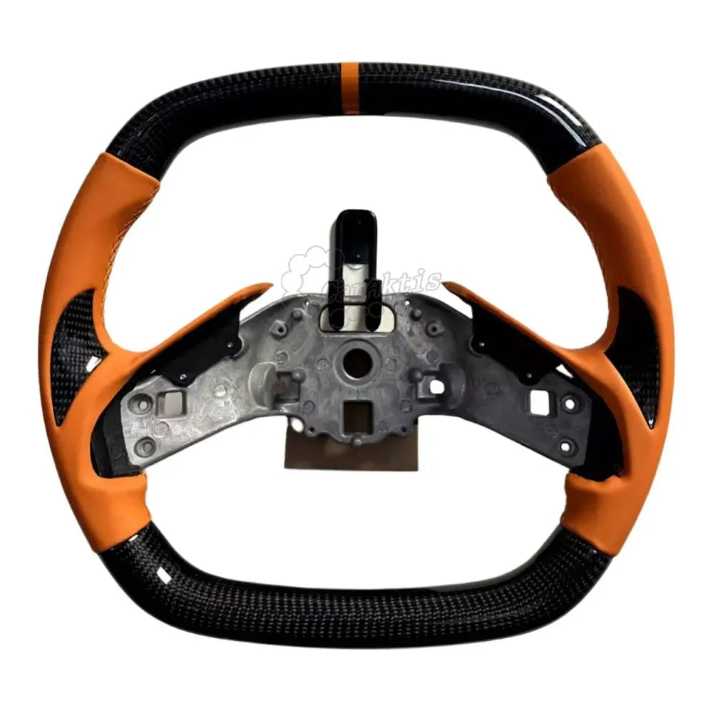 Custom Chevrolet C8 Corvette steering wheel featuring high-gloss carbon fiber top and bottom, black perforated leather side grips with red contrast stitching, and a red racing stripe at 12 o&
