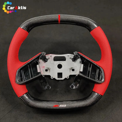Top view of a C8 Corvette steering wheel with a racing-style red 12 o&