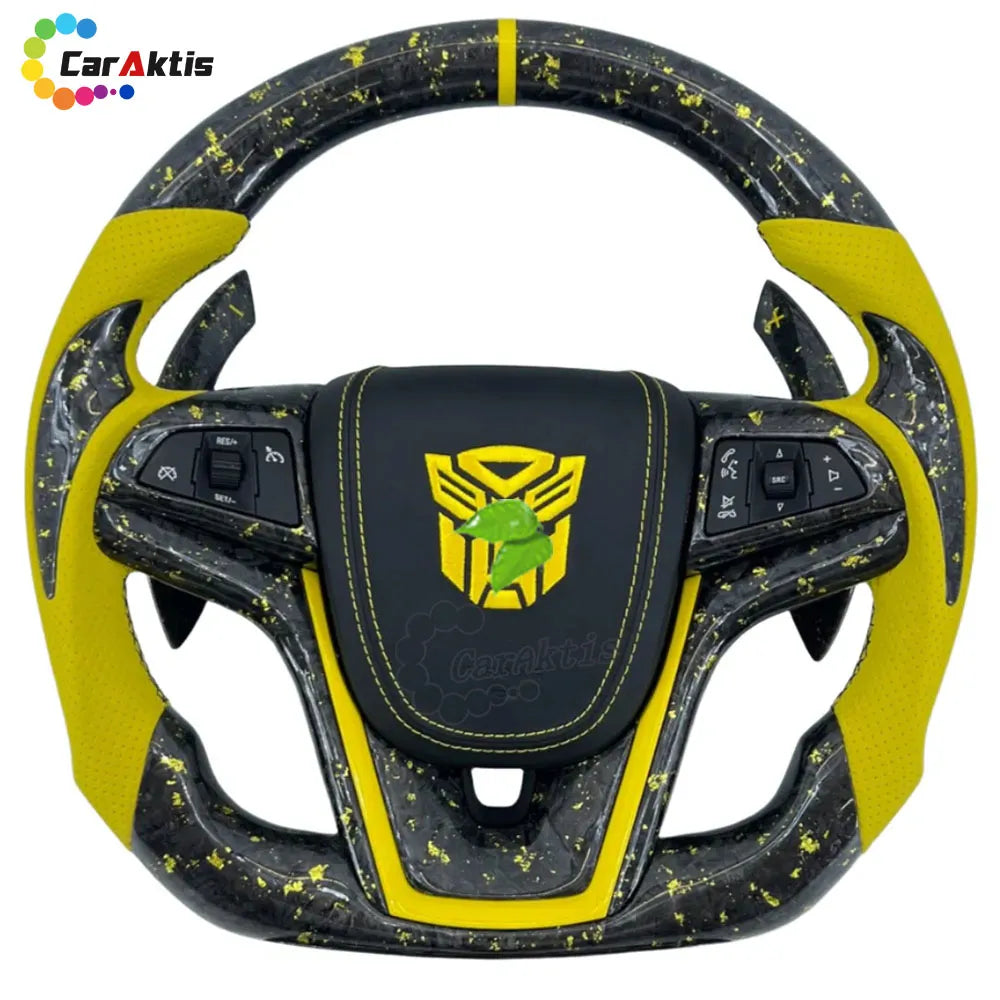 Handcrafted carbon fiber steering wheel with thickened ergonomic racing grips for 2012-2015 Camaro.