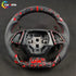 Custom Chevrolet Camaro steering wheel with red flake forged carbon fiber and black perforated leather grips with red contrast stitching.