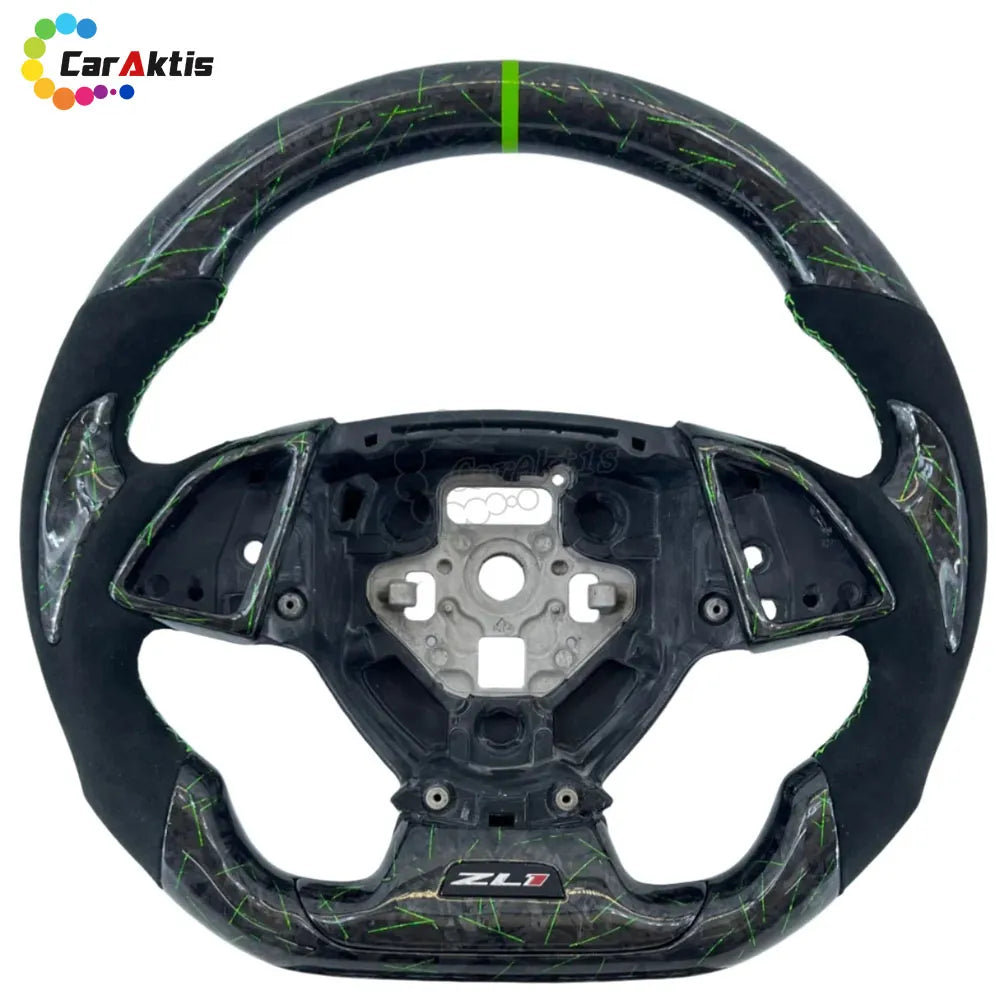 Chevrolet Camaro ZL1 steering wheel with forged carbon fiber, green lightning accents, and green stitching.
