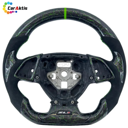 Chevrolet Camaro ZL1 steering wheel with forged carbon fiber, green lightning accents, and green stitching.