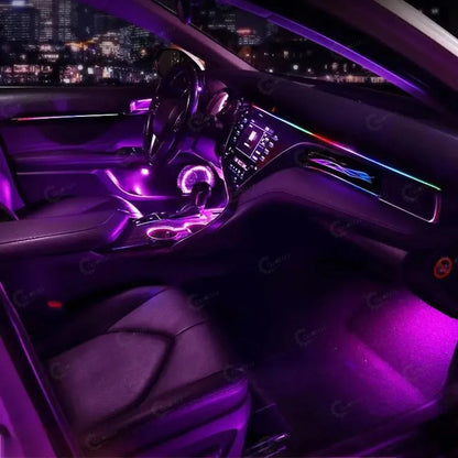 Dynamic streamer ribbon style ambient lighting for Toyota Camry with flowing light effects.