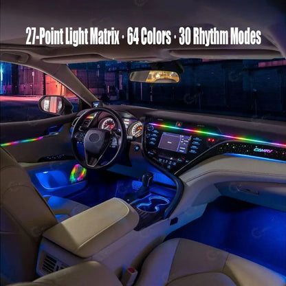 Dynamic streamer and chasing light effect in a Toyota Camry cabin at night.