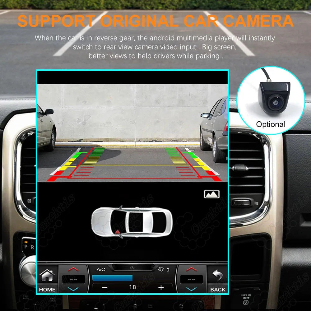 Rearview reverse camera video input display with parking assist lines and optional backup camera.