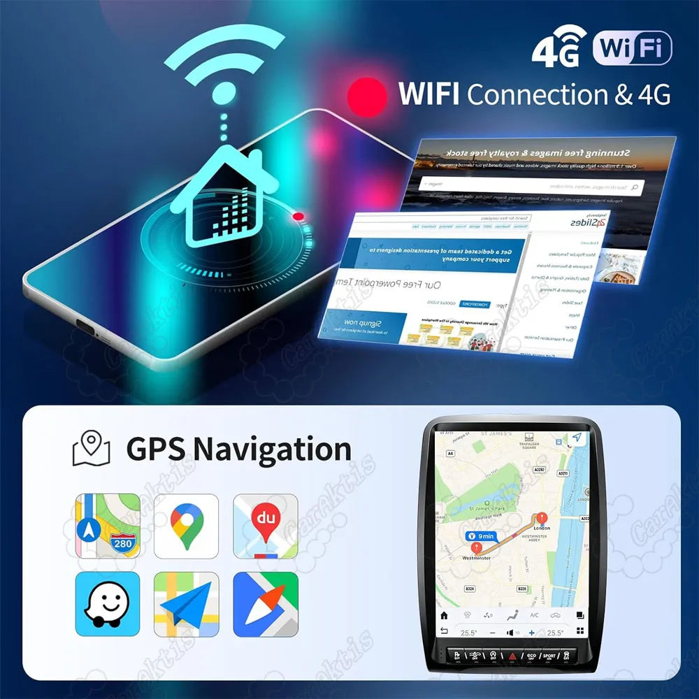 Android car head unit with built-in 4G LTE, WiFi connectivity, and real-time GPS navigation app support.