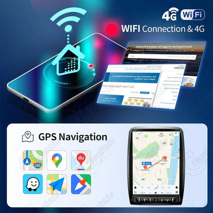 Android car head unit with built-in 4G LTE, WiFi connectivity, and real-time GPS navigation app support.