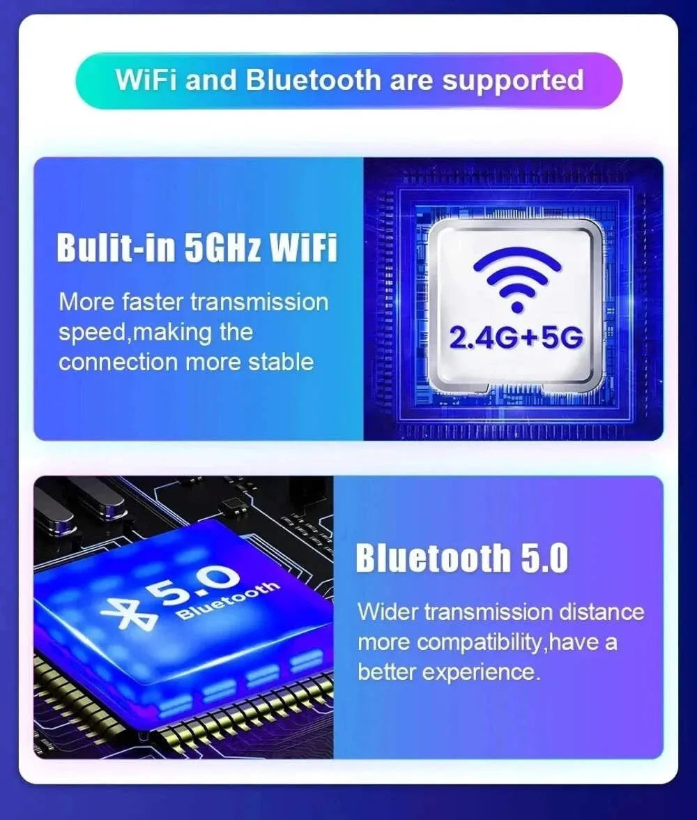 Infotainment system dashboard featuring built-in dual-band 2.4G and 5GHz WiFi and Bluetooth 5.0 for stable connection and faster transmission speeds.