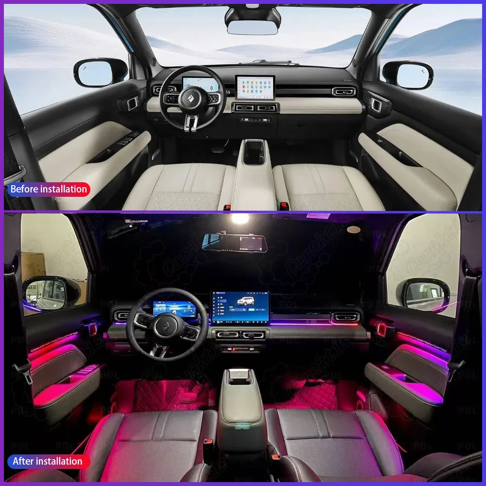 Before and after installation comparison of starry sky LED interior ambient lighting upgrade