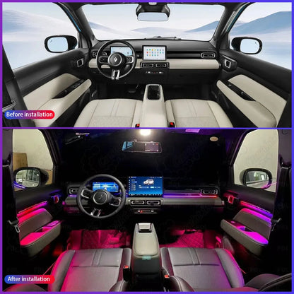 Before and after installation comparison of starry sky LED interior ambient lighting upgrade
