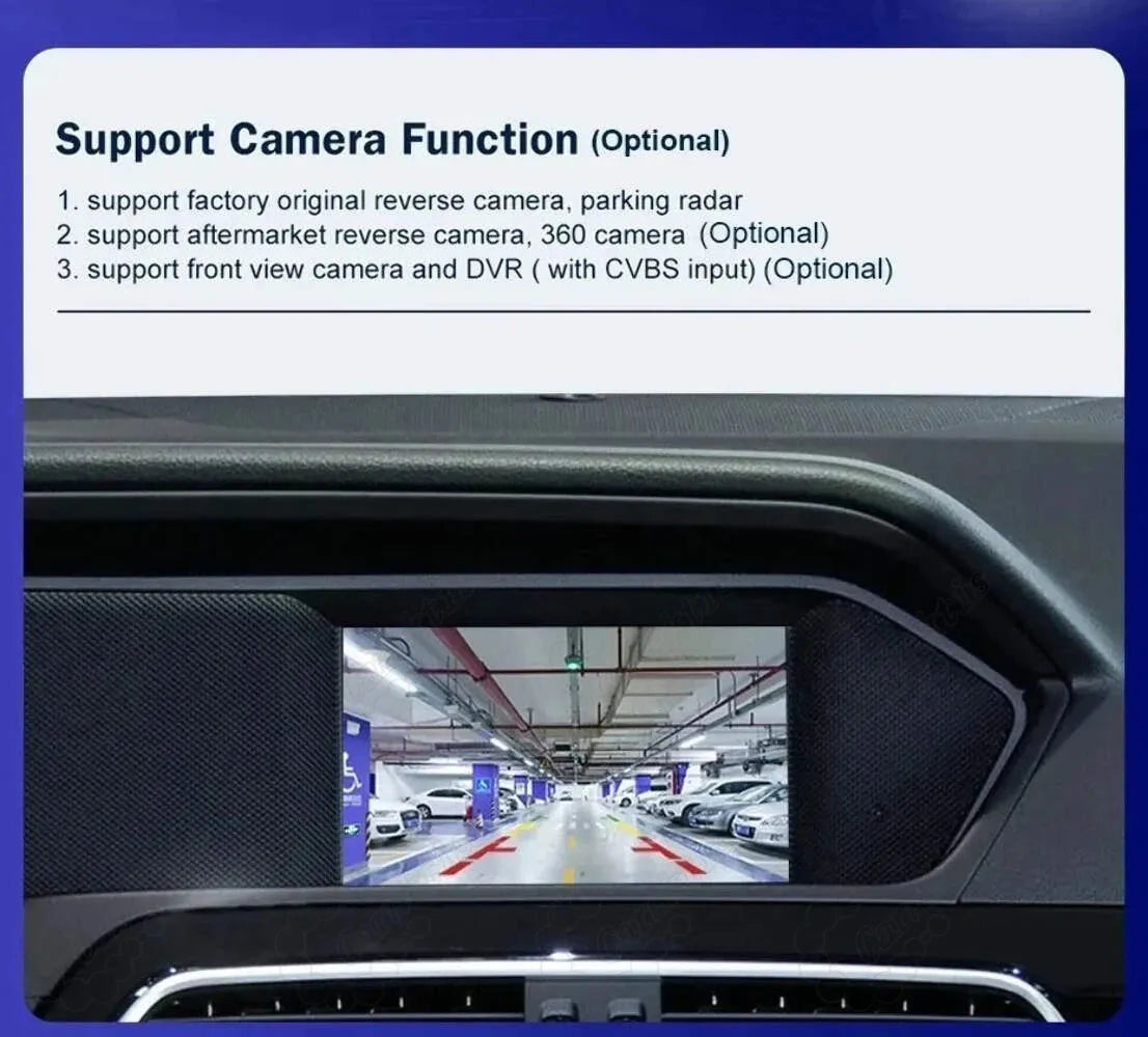 In-dash multimedia display screen showing a parking garage view, highlighting optional support for factory original or aftermarket reverse, 360-degree, and front view cameras.