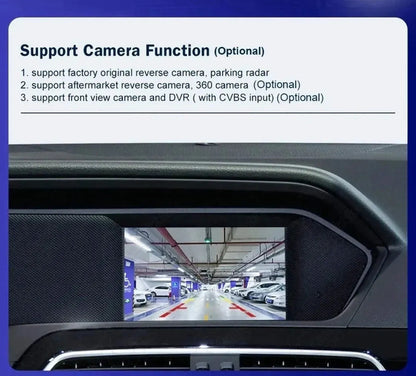 In-dash multimedia display screen showing a parking garage view, highlighting optional support for factory original or aftermarket reverse, 360-degree, and front view cameras.