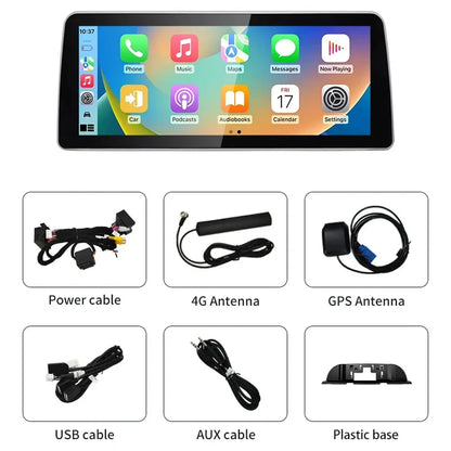 Complete accessories package for car multimedia display including power cable, 4G antenna, GPS antenna, USB cable, AUX cable, and plastic base.