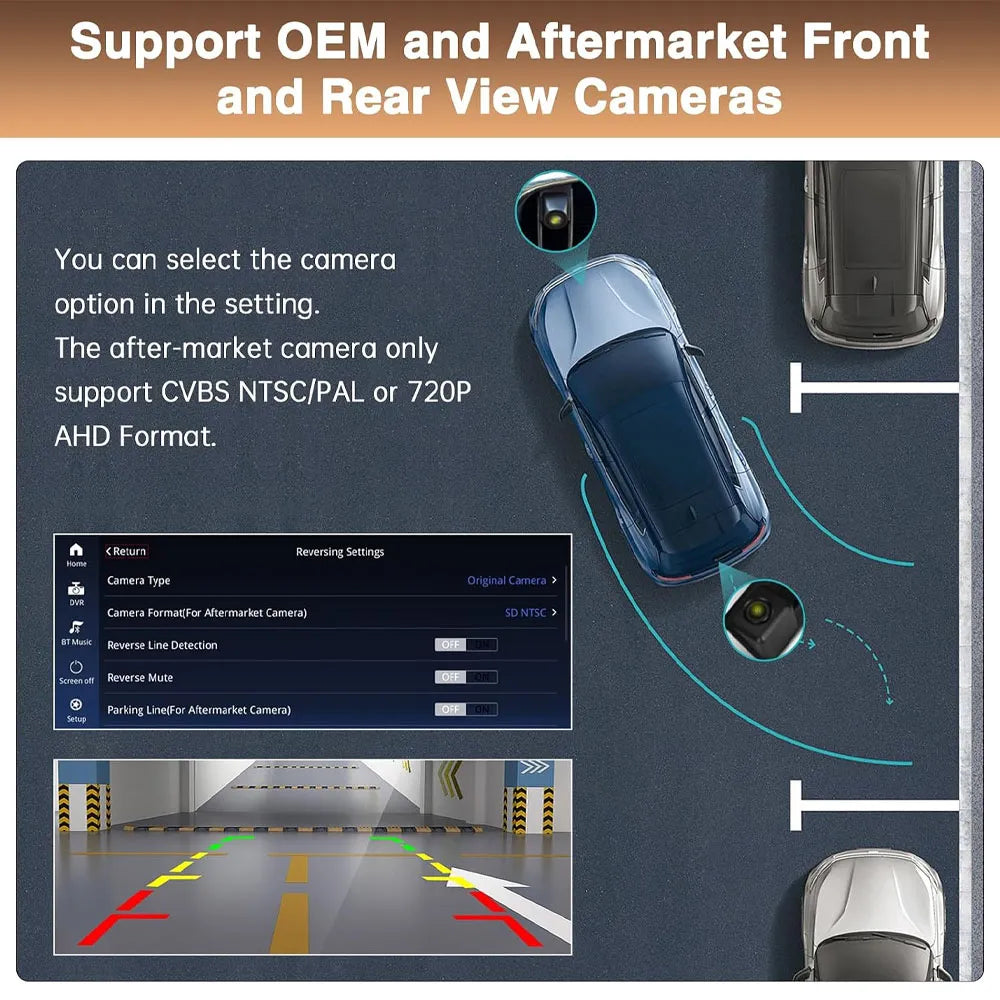 Car display interface supporting OEM and aftermarket front and rear view cameras, showing parking grid lines and reversing settings.