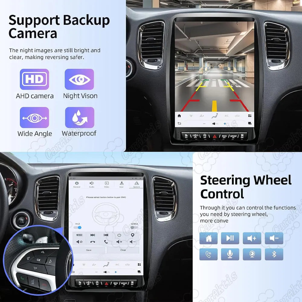 Car radio displaying AHD HD night vision backup camera view and steering wheel control compatibility.