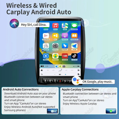 Vertical car display supporting wireless Apple CarPlay and Android Auto with Siri and Google Assistant voice control.